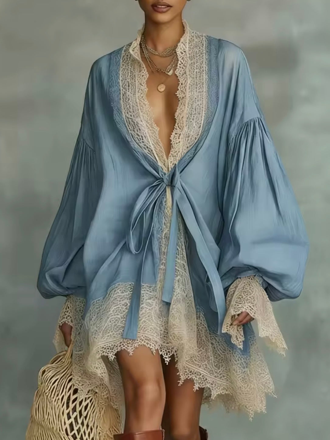 Light blue and beige lace trim edge bomber long sleeves short mini dress