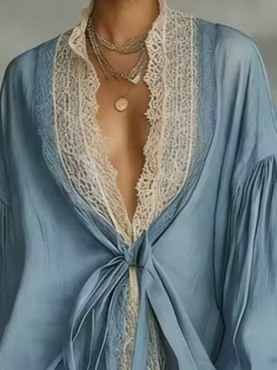 Light blue and beige lace trim edge bomber long sleeves short mini dress