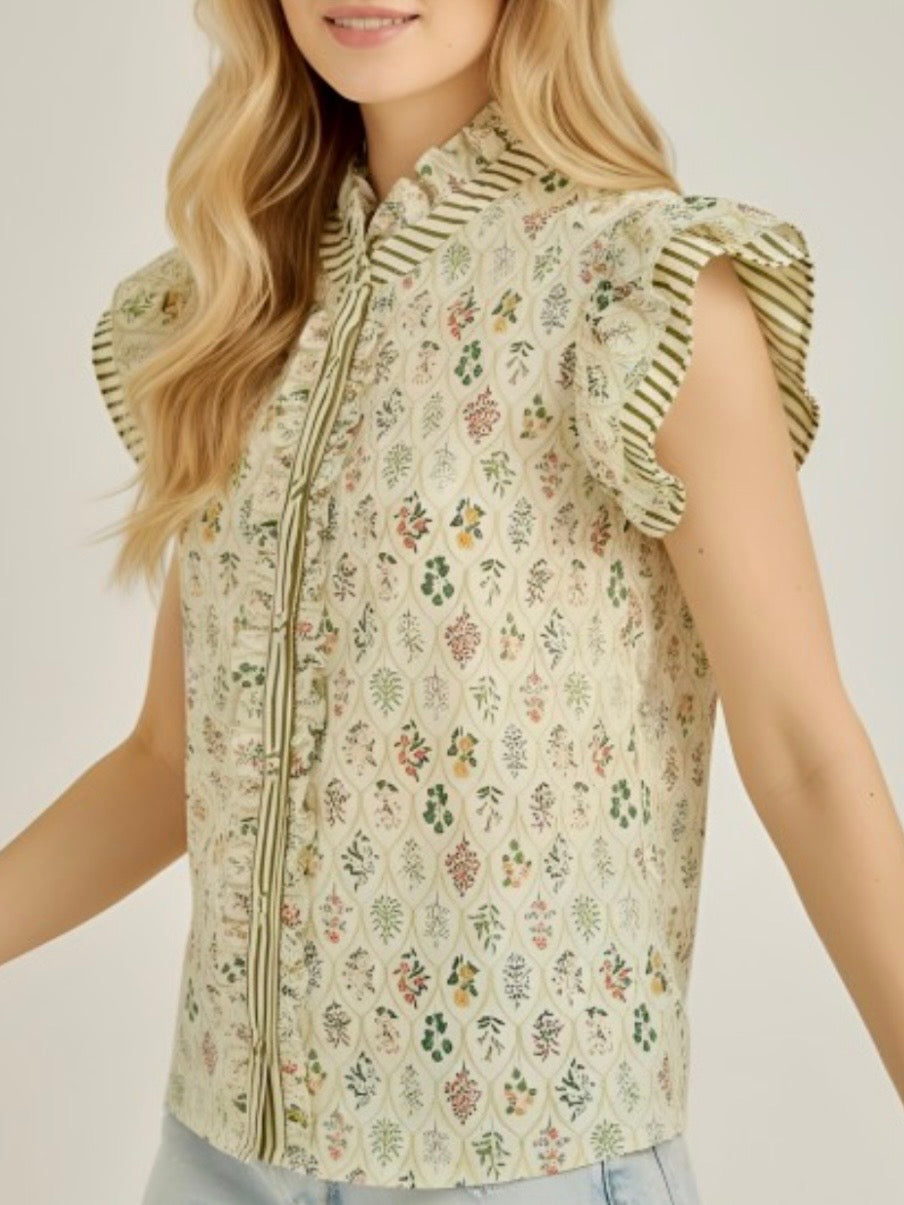 Light green ruffle short sleeves shirt blouse