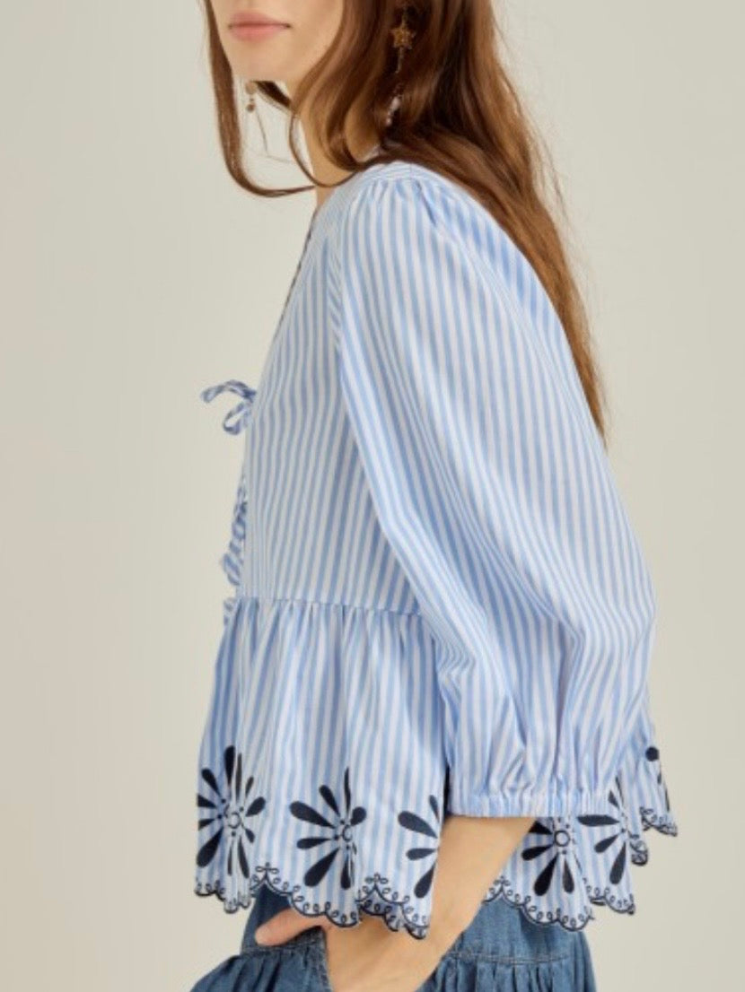 Blue and white striped floral embroidered hem 3/4 long sleeves shirt