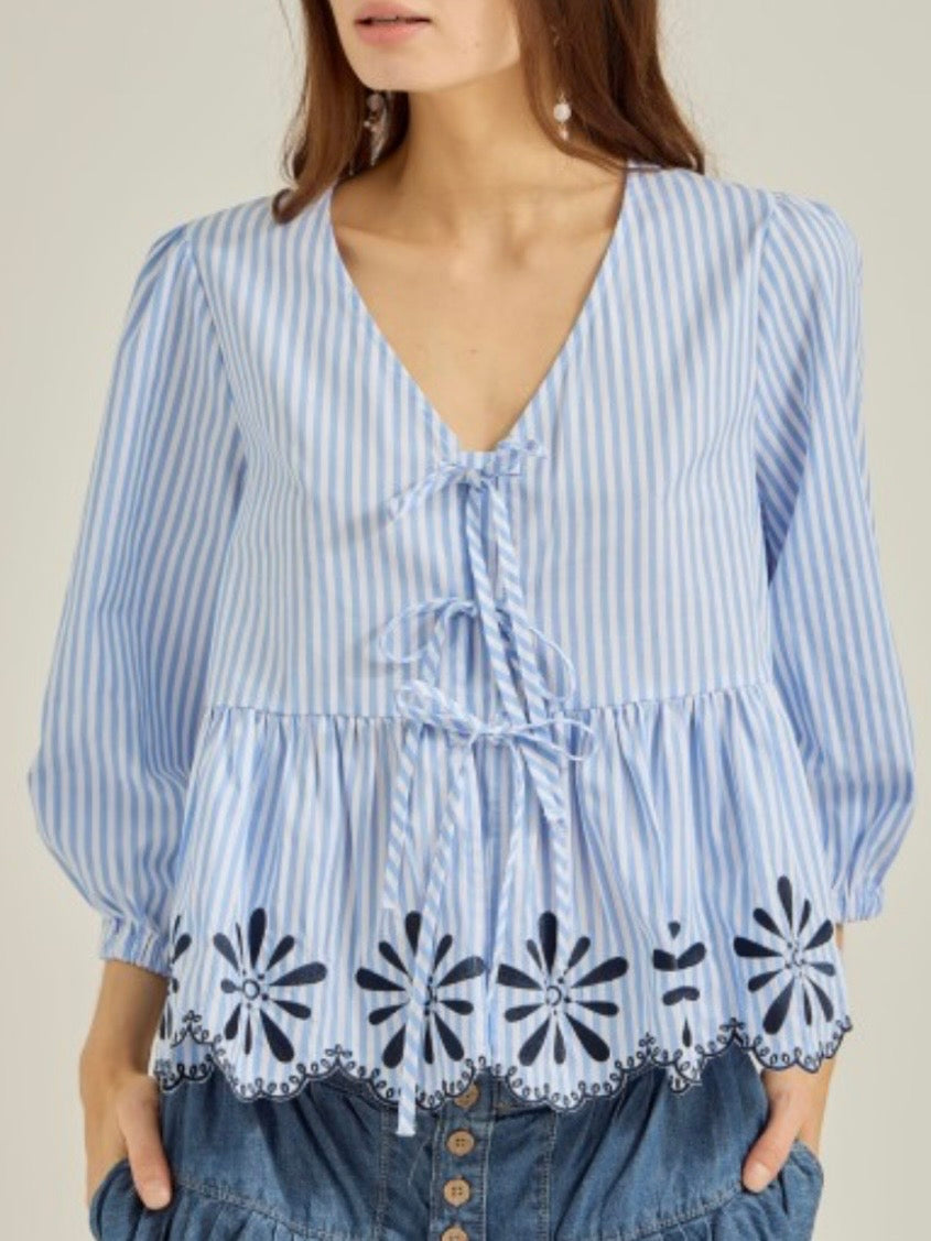 Blue and white striped floral embroidered hem 3/4 long sleeves shirt
