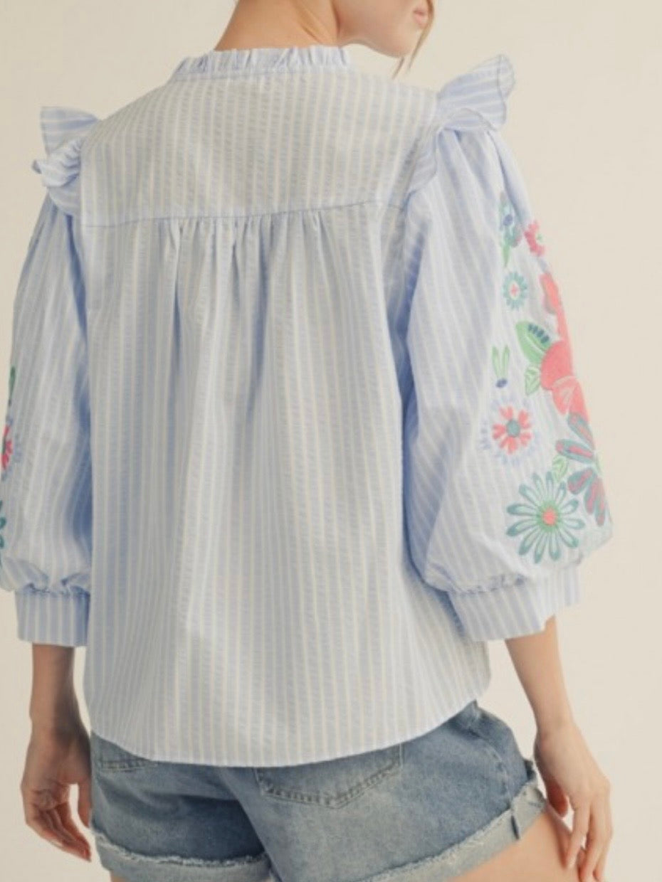 Striped blue and white floral embroidered 3/4 long sleeves shirt