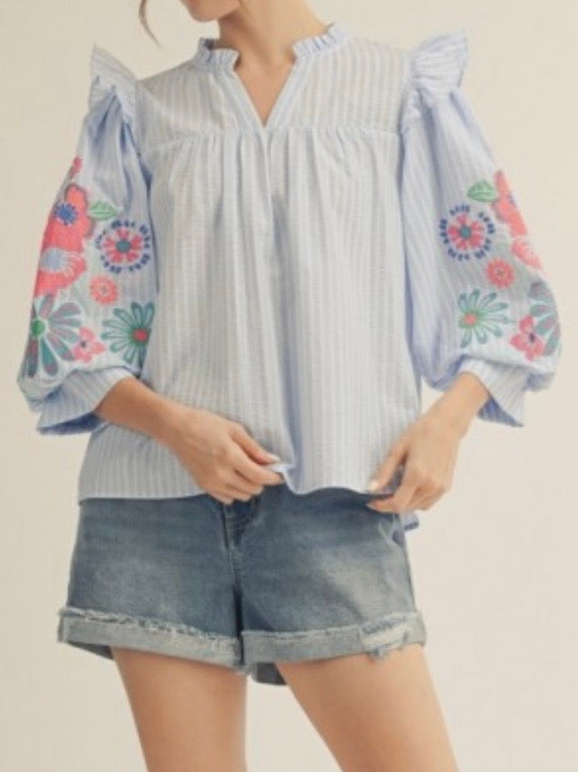 Striped blue and white floral embroidered 3/4 long sleeves shirt