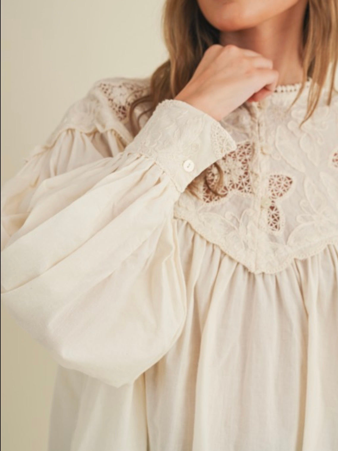 Beige crochet floral lace shirt