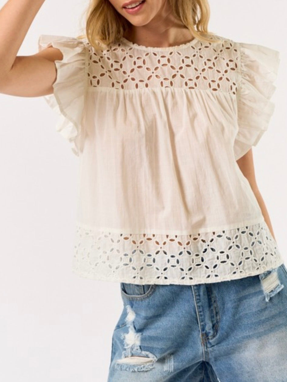 Beige lace floral embroidered top