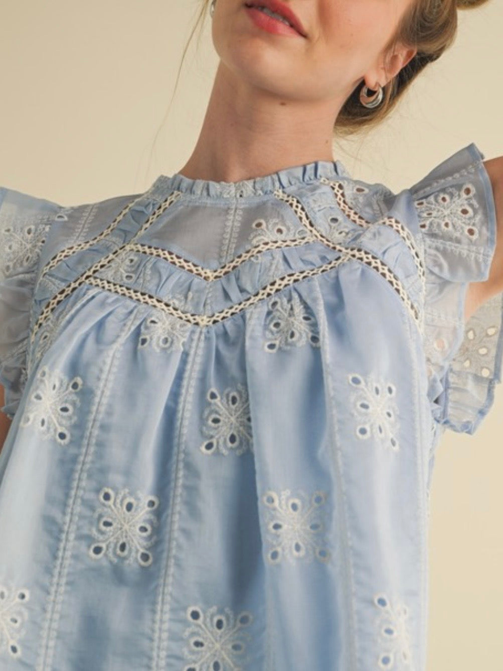 Blue lace floral embroidered top