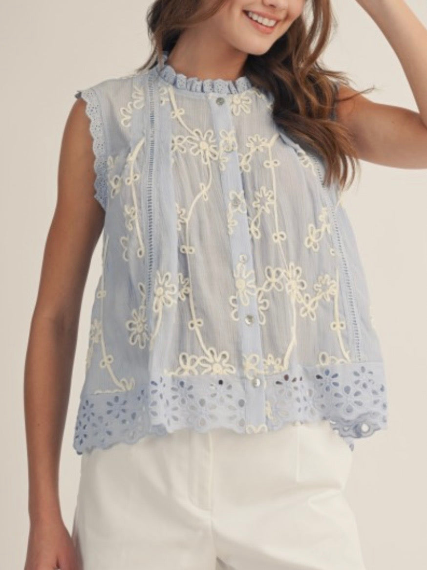 Blossoms delicate Light blue lace floral embroidered top