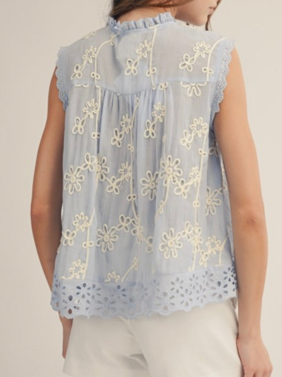 Blossoms delicate Light blue lace floral embroidered top