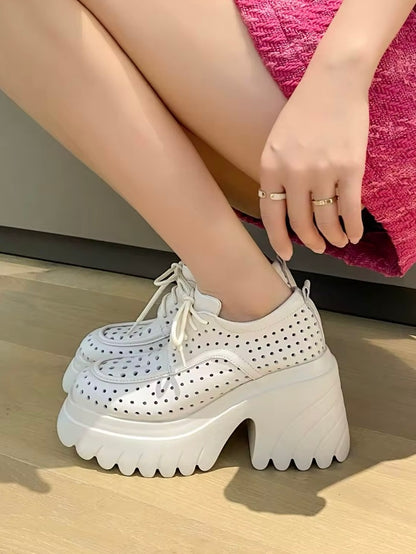 Solid colors perforated lace up loafers platform