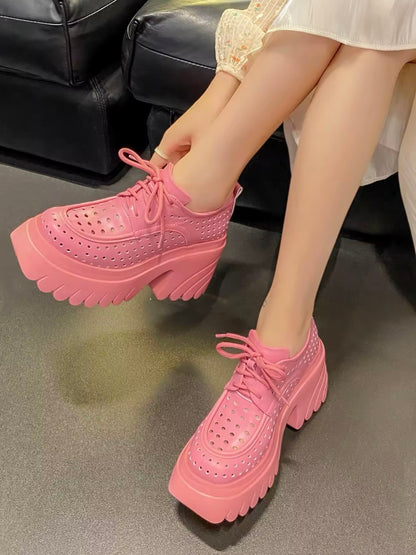 Solid colors perforated lace up loafers platform