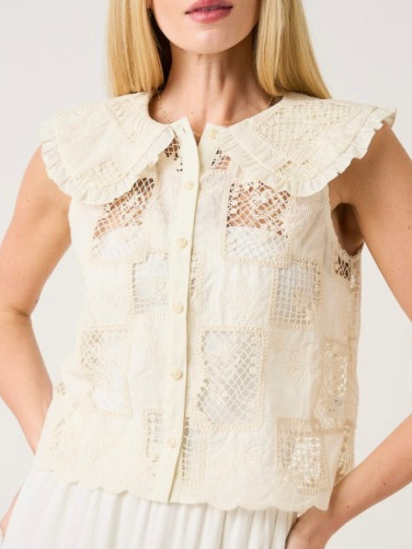 Beige lace floral embroidered top
