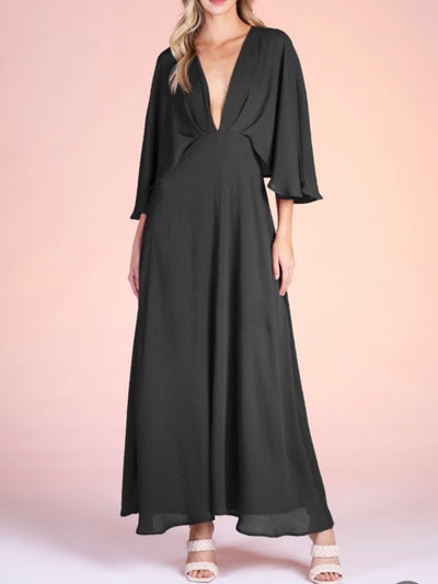 Black solid cape maxi dress