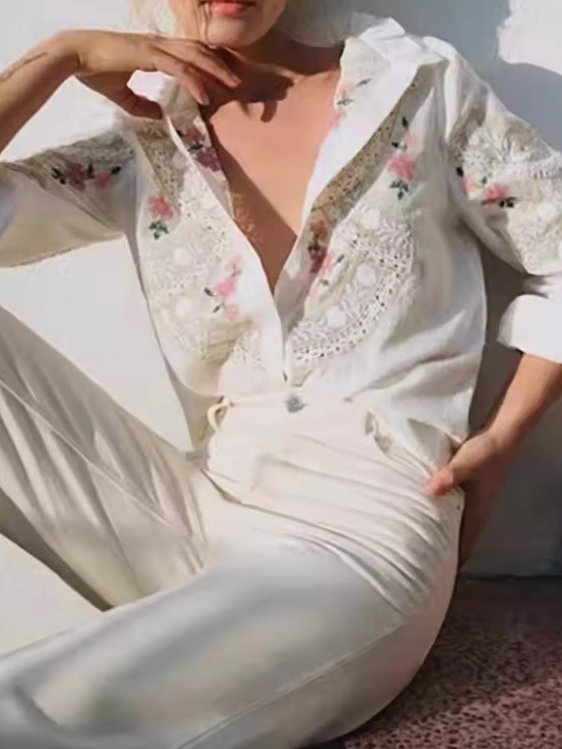 White embroidered floral long sleeves shirt