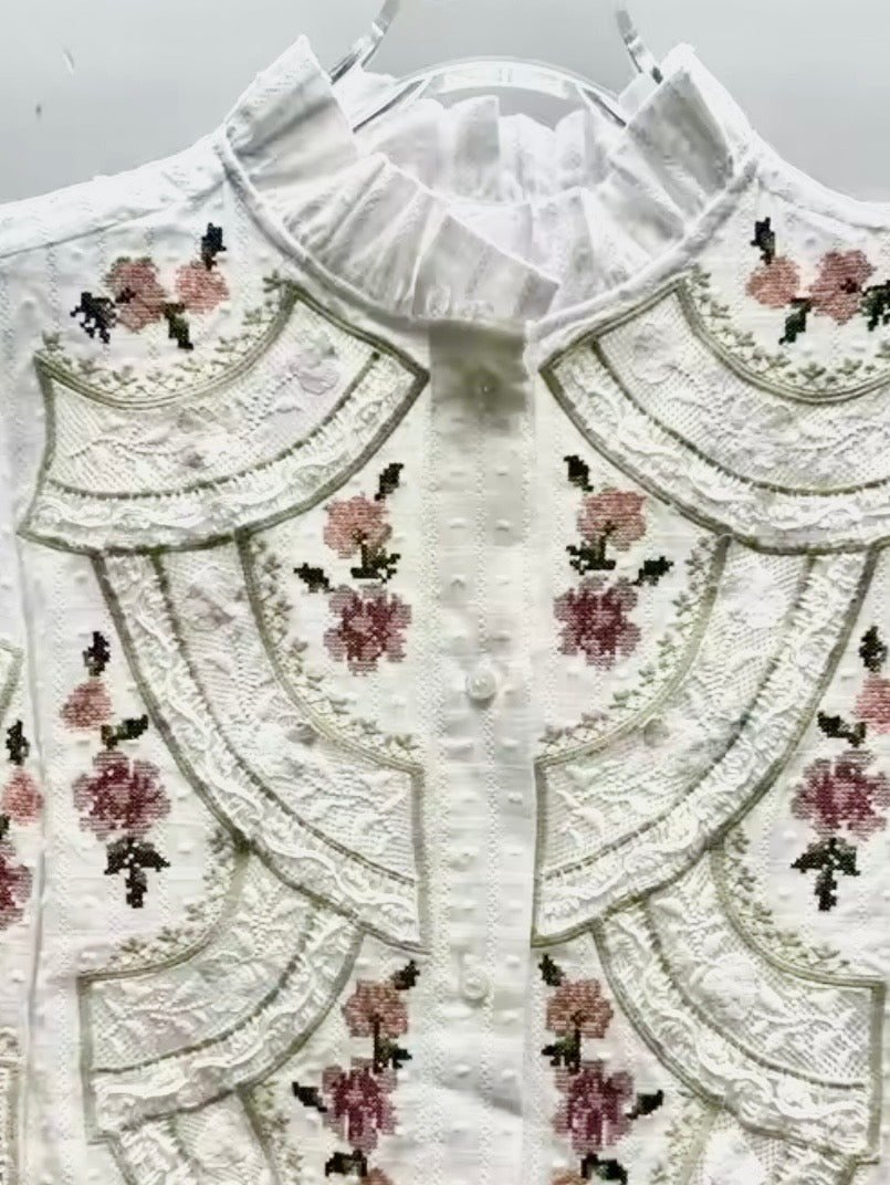 White embroidered floral long sleeves shirt