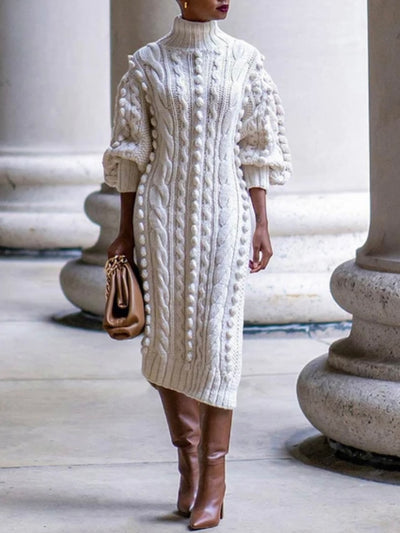 Beige knitted pompons midi dress