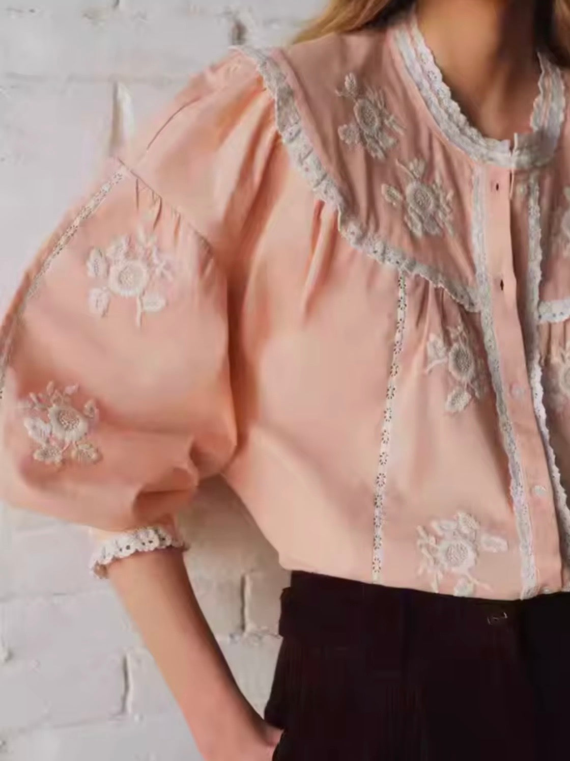 Pink and beige embroidered floral bomber long sleeves shirt