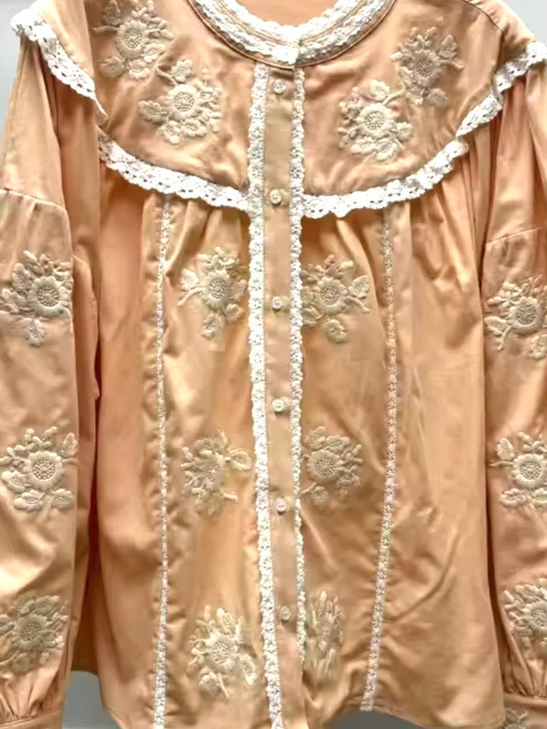 Pink and beige embroidered floral bomber long sleeves shirt