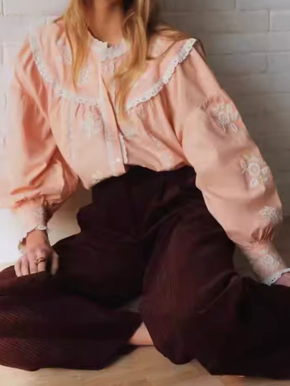 Pink and beige embroidered floral bomber long sleeves shirt