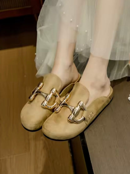 Beige suede slides and gold metallic detail round toe flats shoes