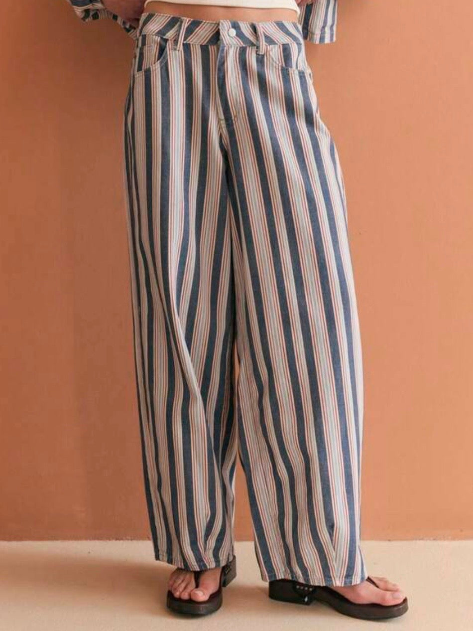 Blue, red and white striped print Pattern wide Pants