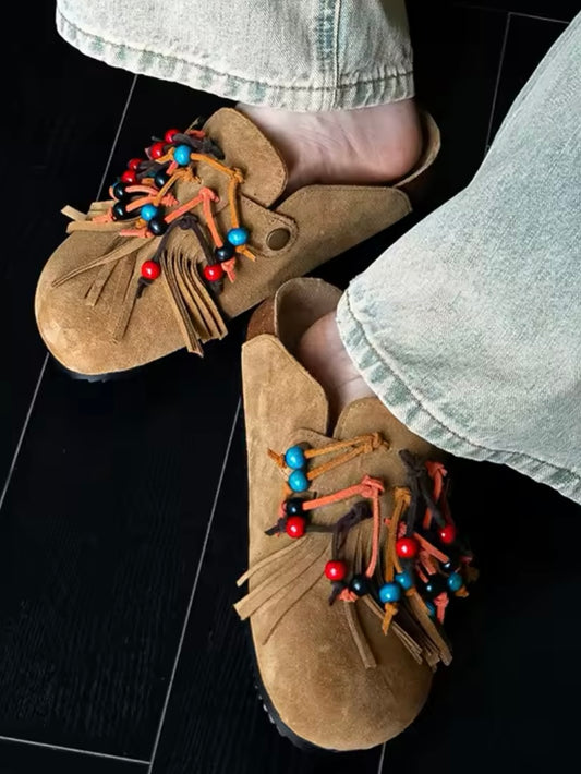 Beige and colorful tassels suede slides round toe flats shoes