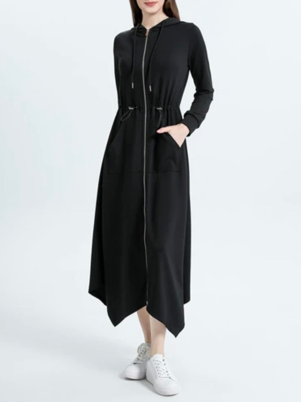 Black hooded zipper down front closure dress