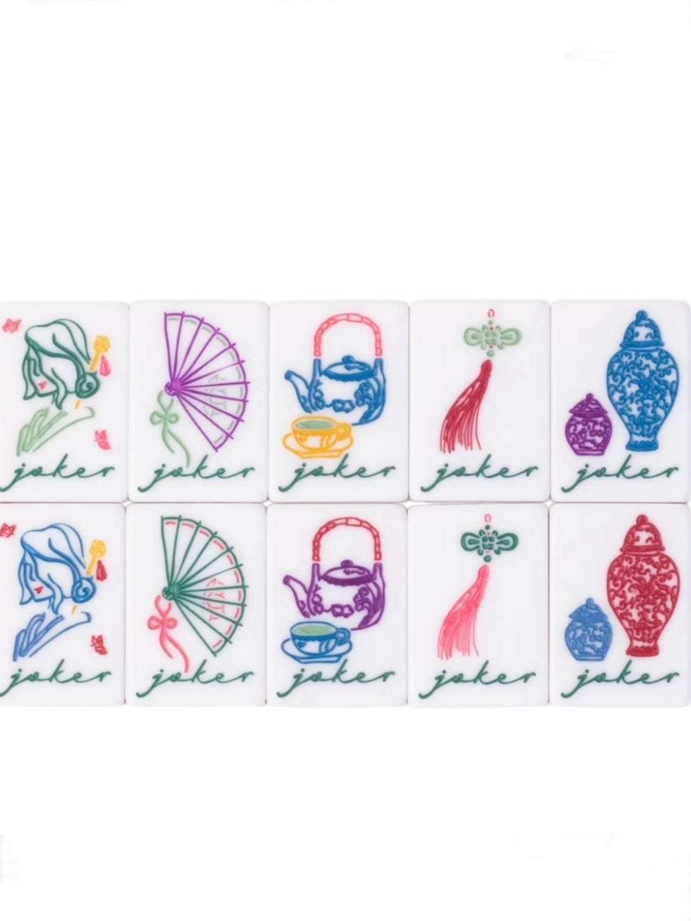 White and dark green umbrella Mahjong tiles set