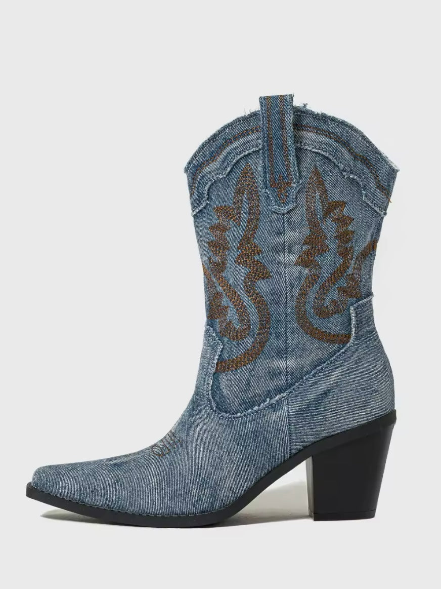 Cowgirl blue jeans high heel boots