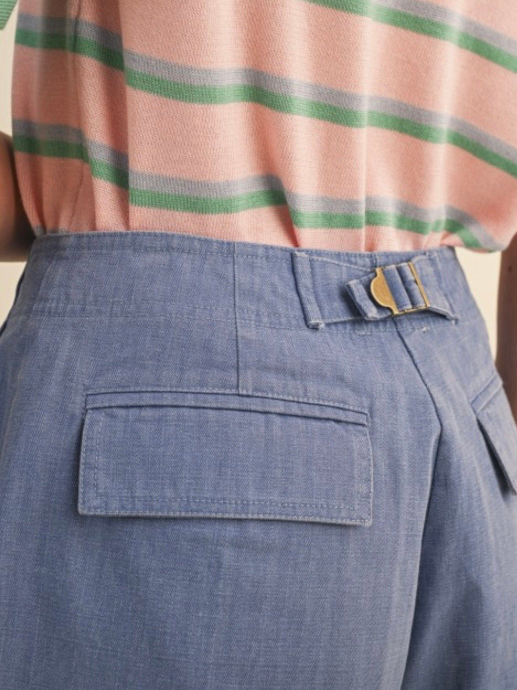 Light blue denim and green twill pleated lace shorts pants