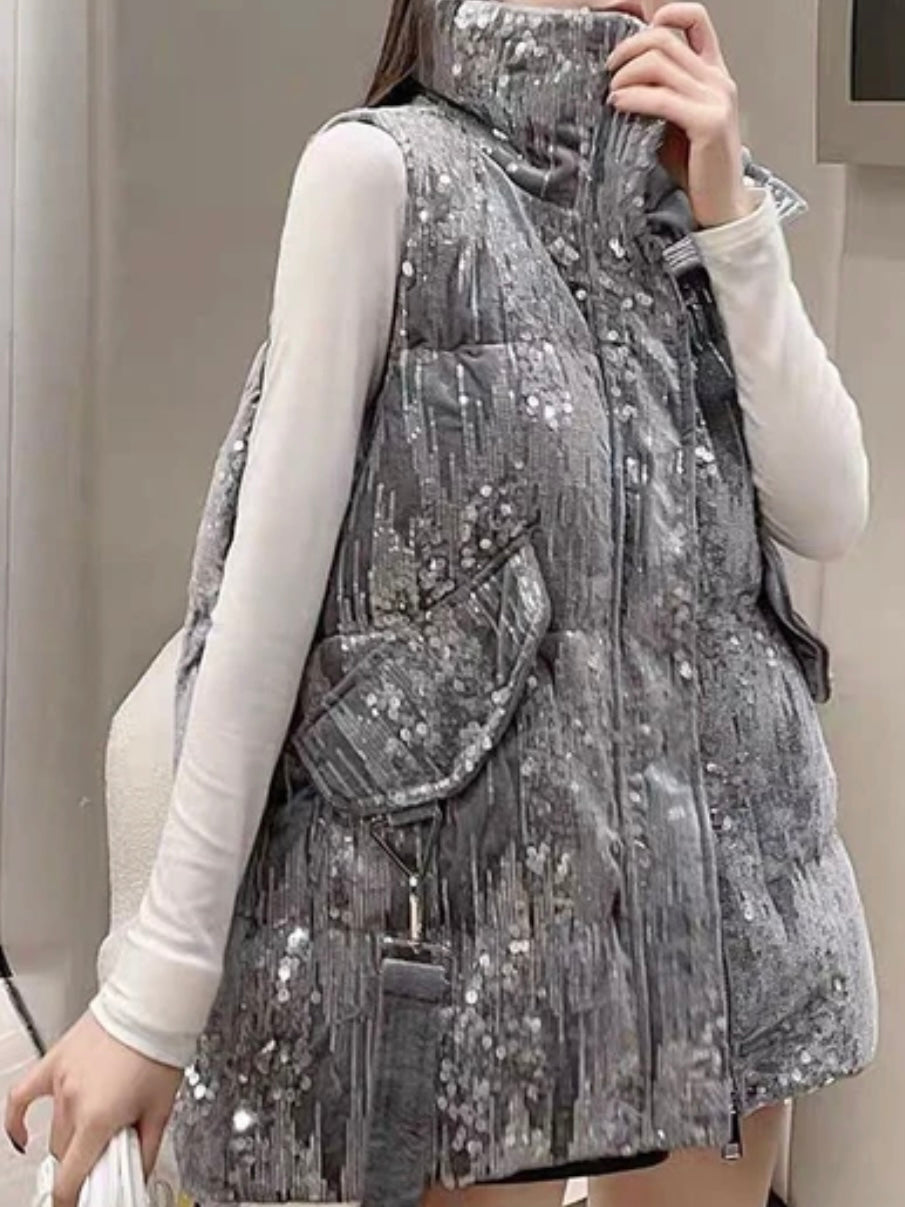Gray sequins quilted vest