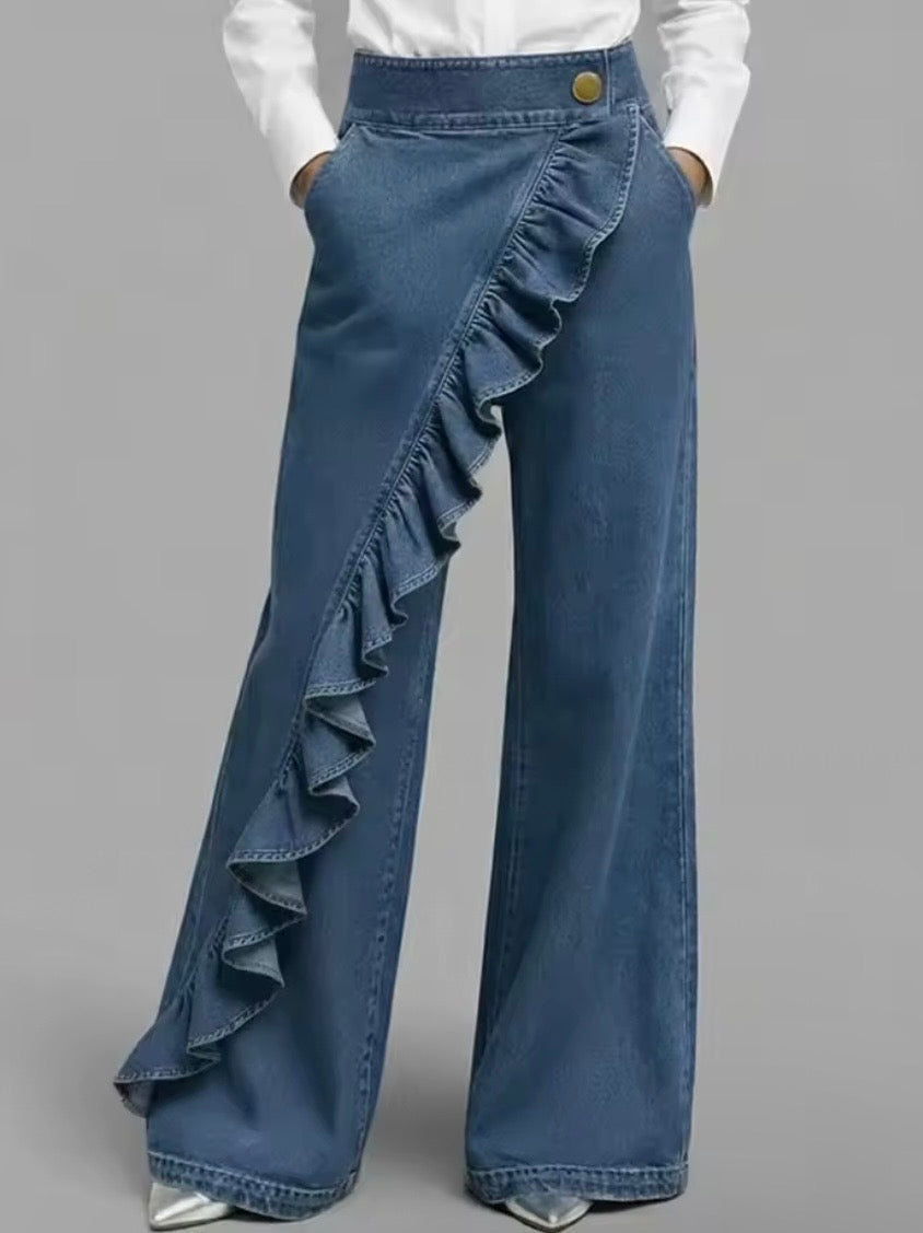 Blue and black long crossed side leg waist ruffle pants