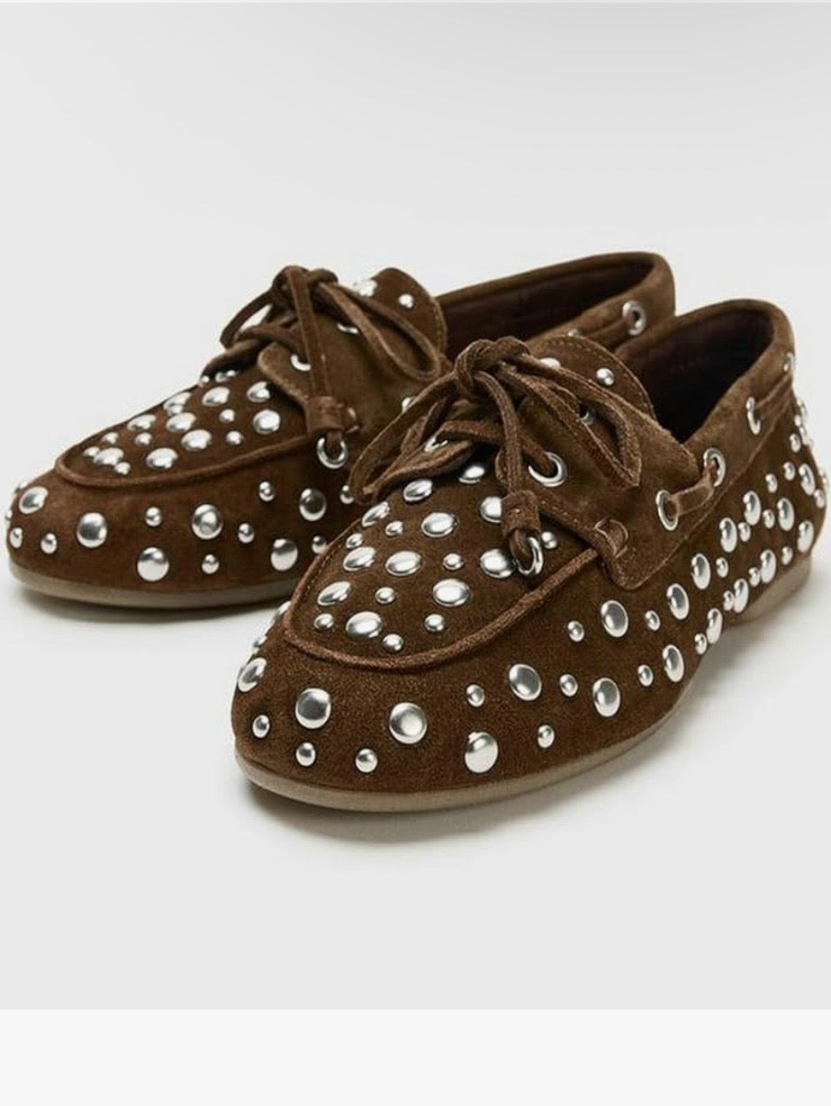 Brown Studded suede slip on loafers moccasins shoes
