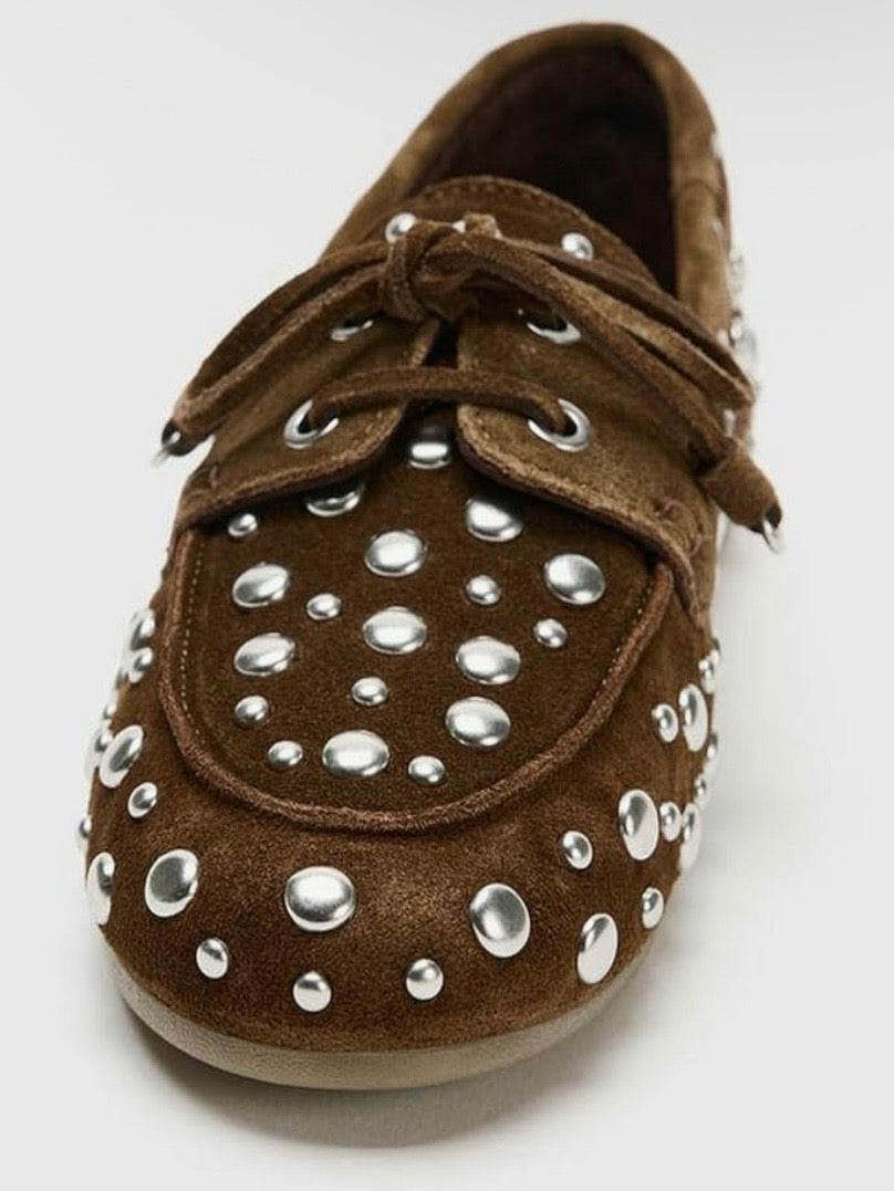 Brown Studded suede slip on loafers moccasins shoes