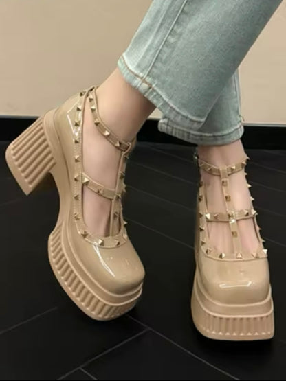 Beige nude patent spiked buckled loafers high heels platform