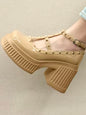 Beige nude patent spiked buckled loafers high heels platform