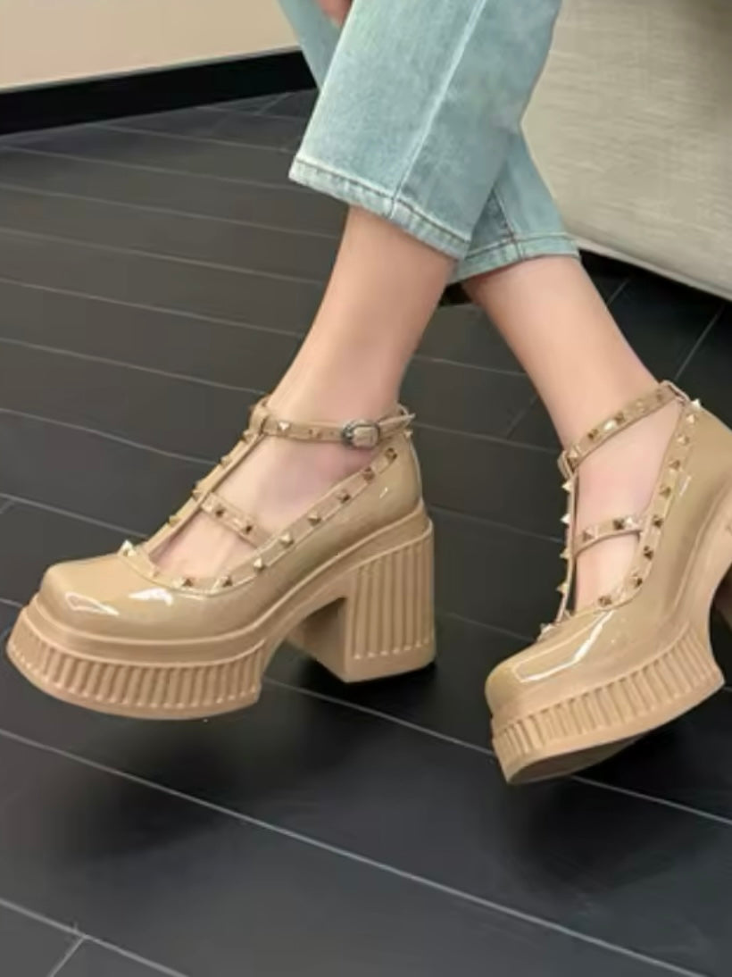 Beige nude patent spiked buckled loafers high heels platform