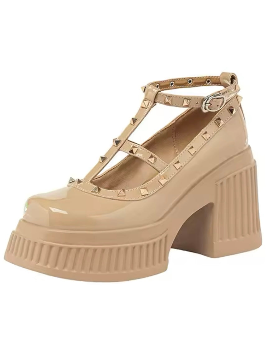 Beige nude patent spiked buckled loafers high heels platform