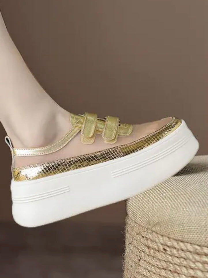 Gold platform velcro straps sneakers