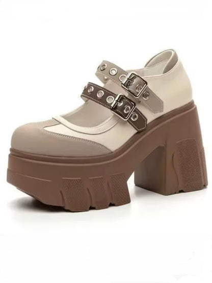 Beige platform buckled high heels