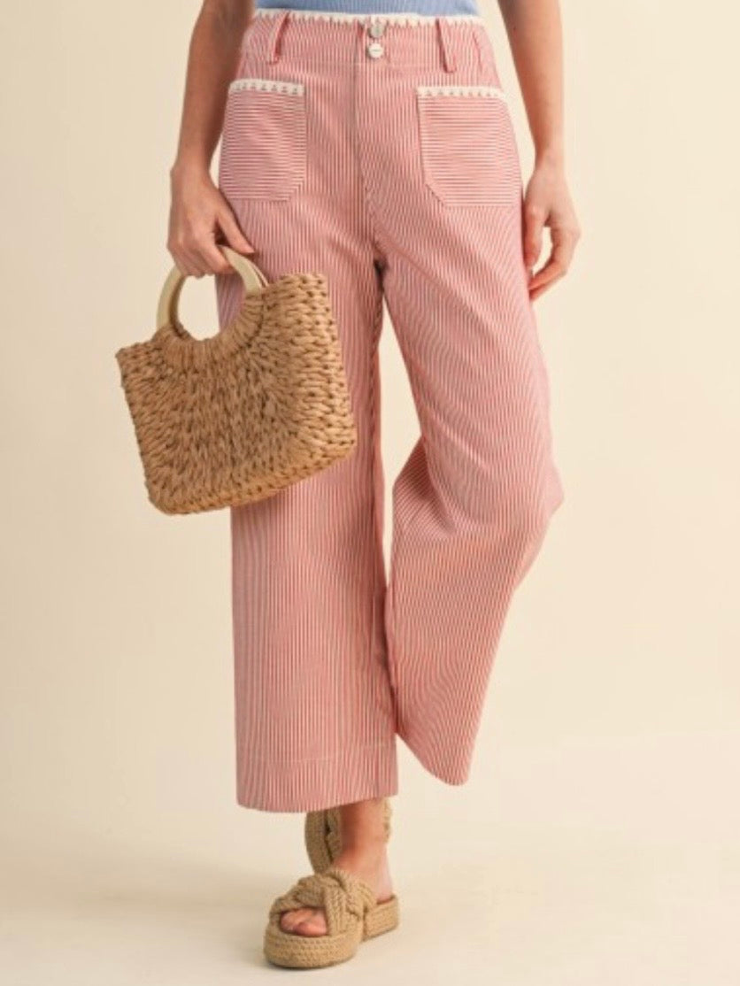 Color striped white fabric straight Capri pants