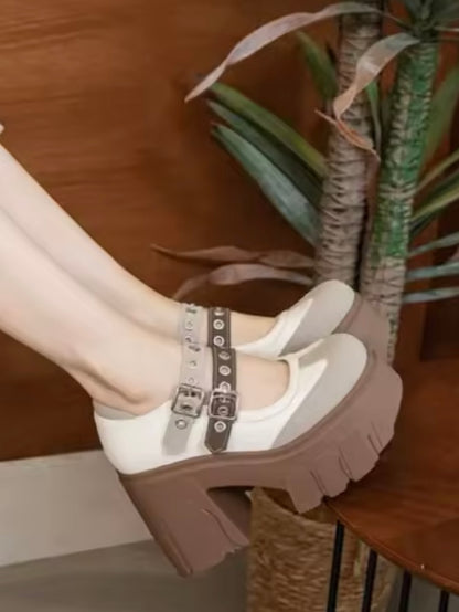 Beige platform buckled high heels