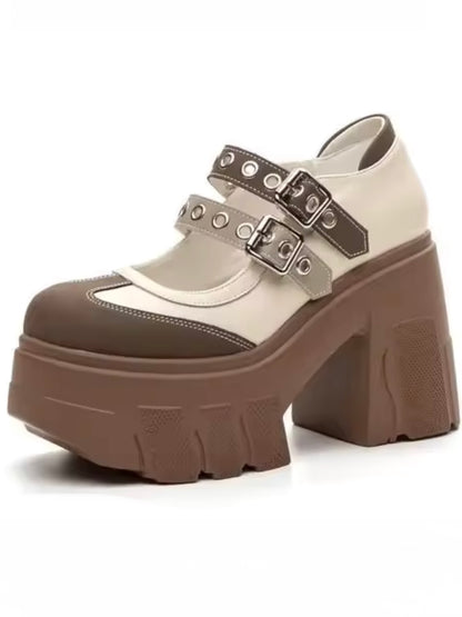 Beige platform buckled high heels