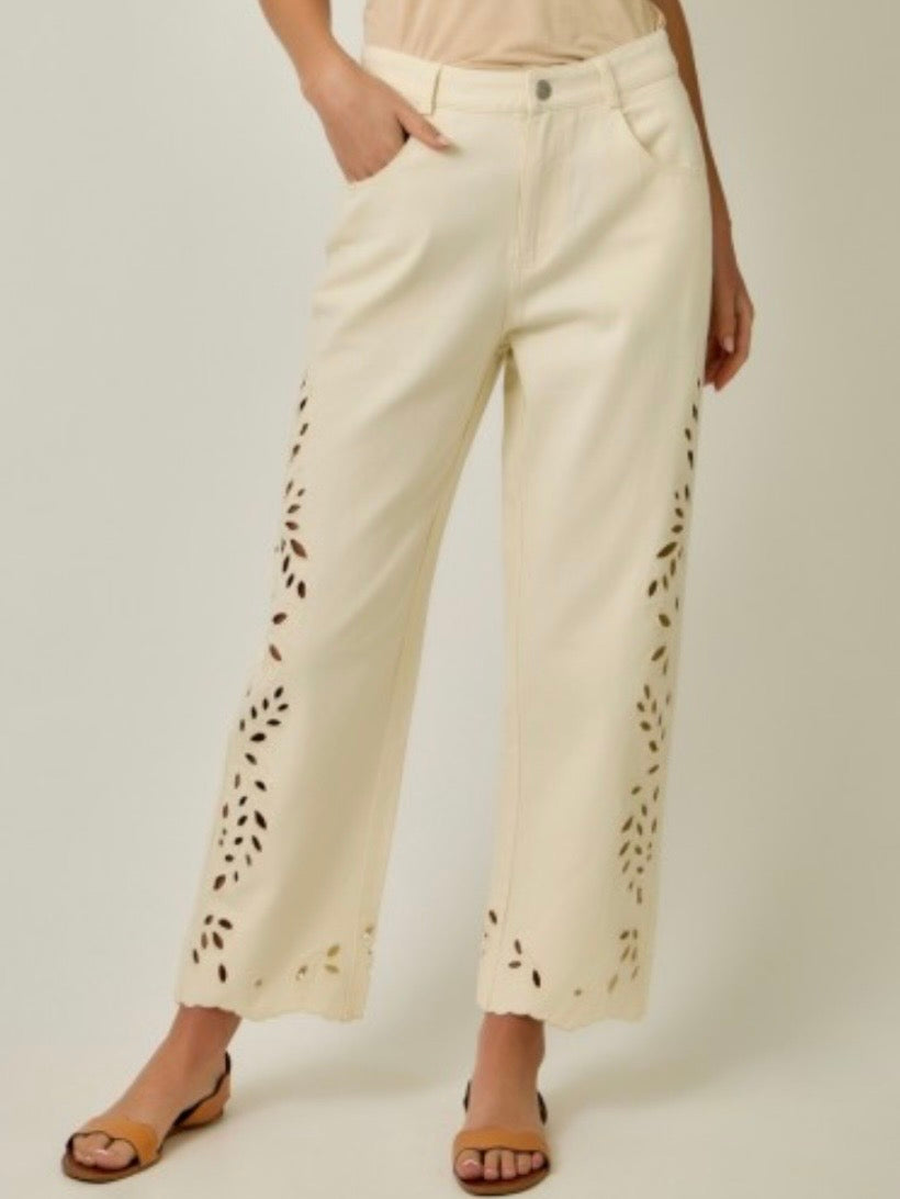 Beige and washed Mid blue denim side cutout details leg Pants