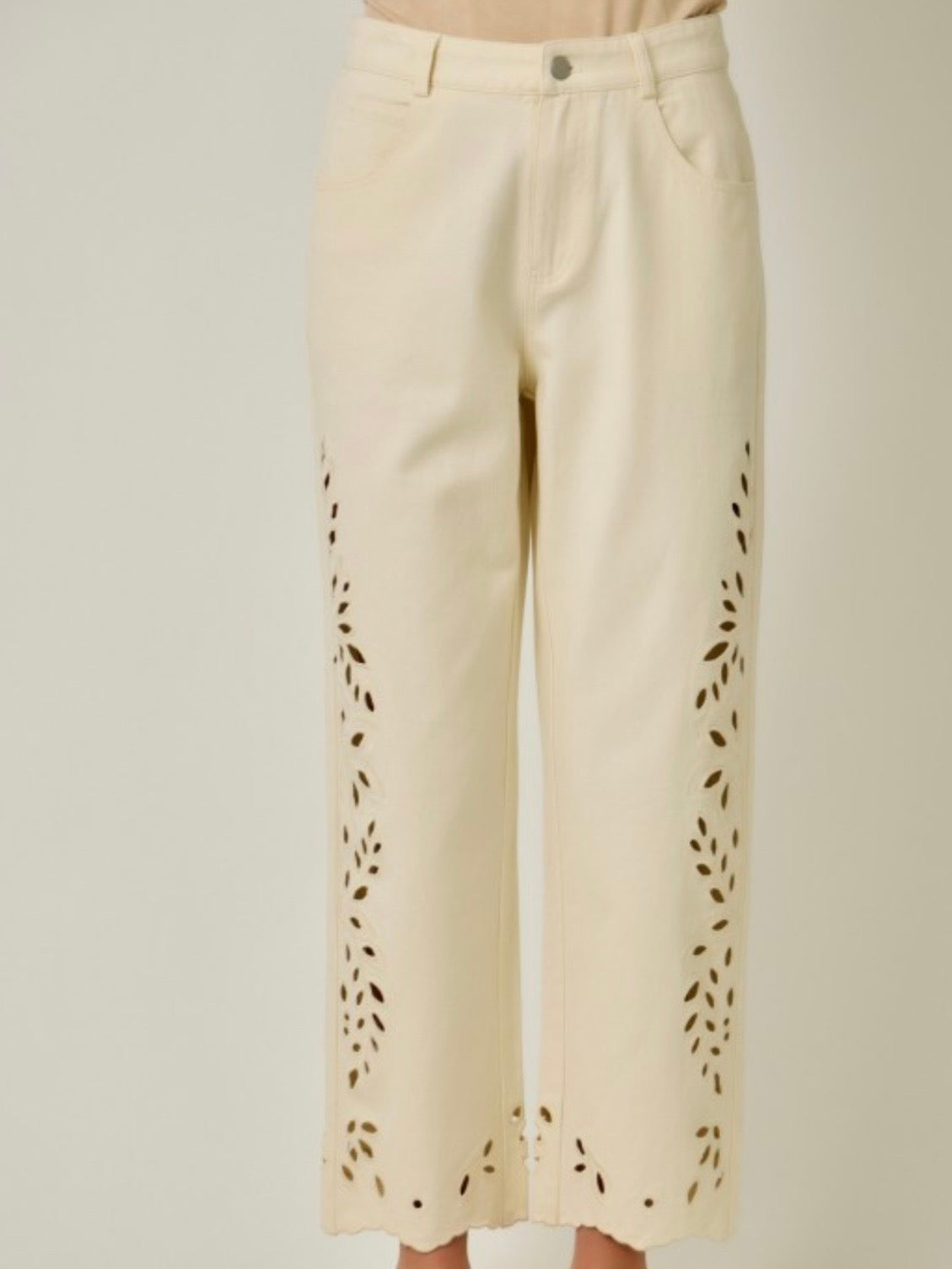 Beige and washed Mid blue denim side cutout details leg Pants