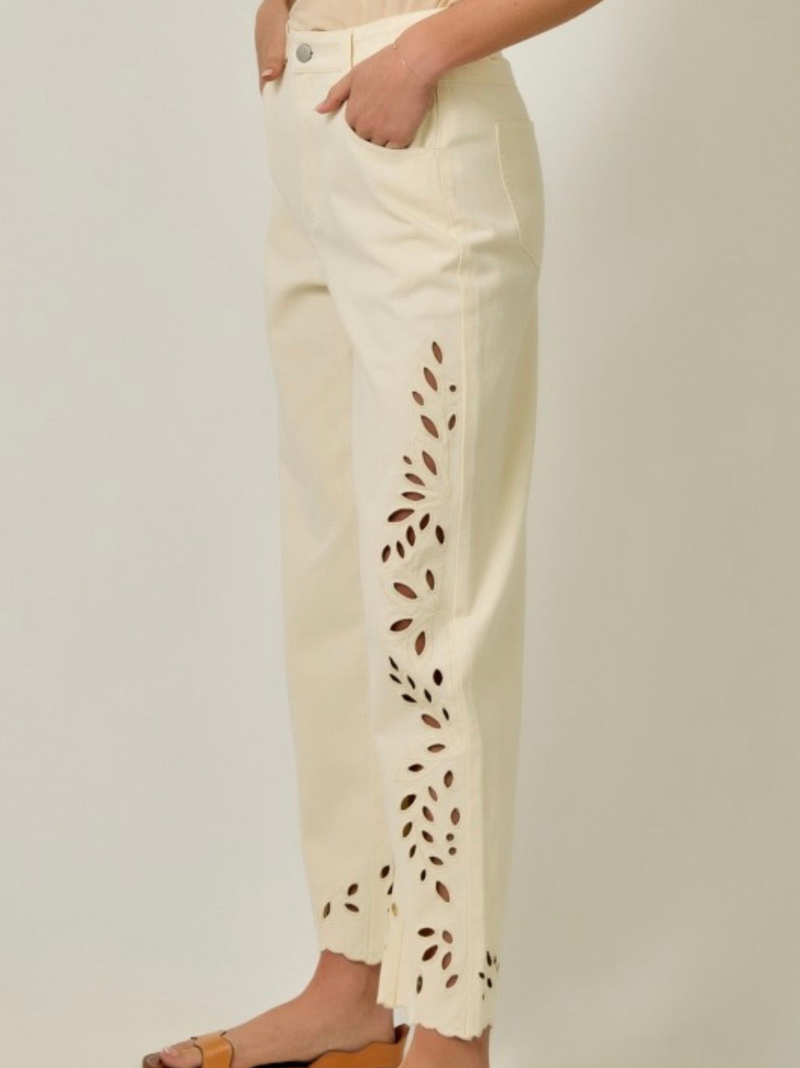 Beige and washed Mid blue denim side cutout details leg Pants