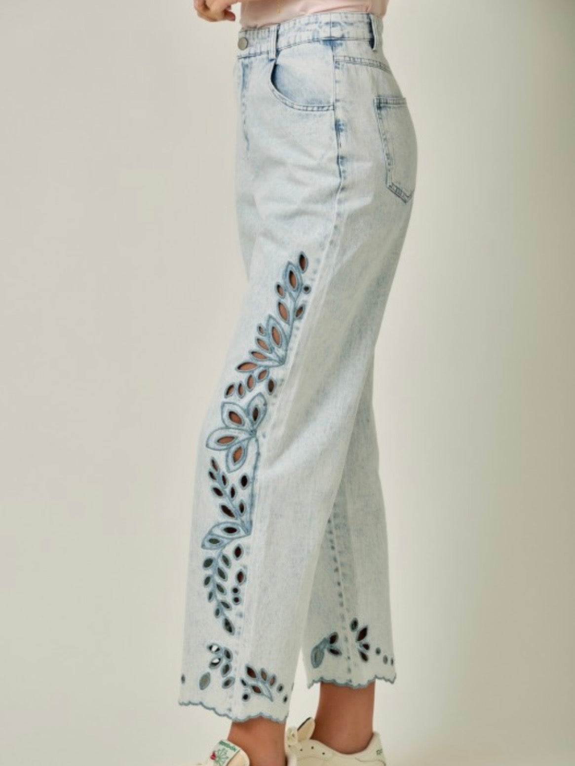 Beige and washed Mid blue denim side cutout details leg Pants