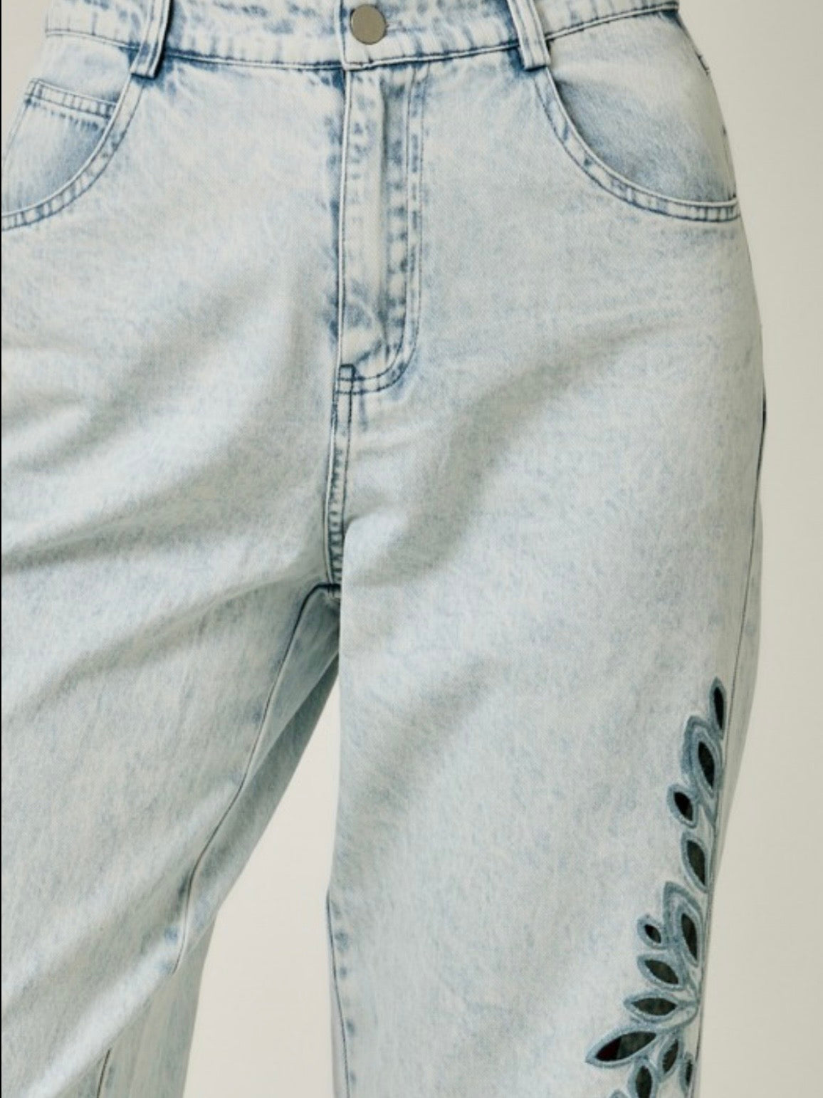 Beige and washed Mid blue denim side cutout details leg Pants