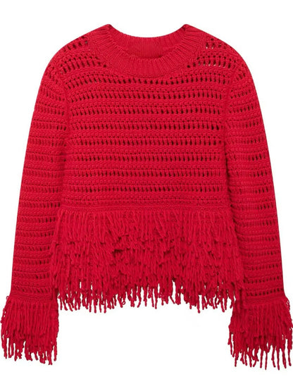 Red embroidered fringes edge sweater