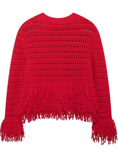 Red embroidered fringes edge sweater