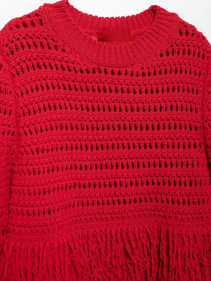 Red embroidered fringes edge sweater